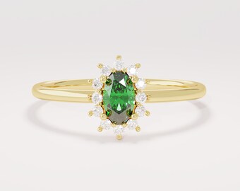 14k Solid Gold Emerald Promise Ring, Dainty Green Solitaire Flower Halo Ring for Women, Minimalist May Birthstone Jewelry Gift for Her