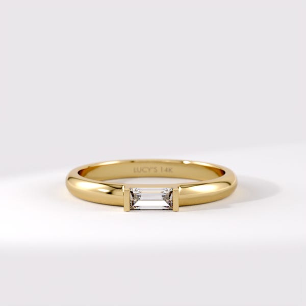 14K Solid Gold East West Baguette Diamond Engagement Ring Modern Solitaire Band