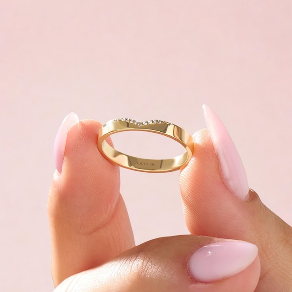 14K Solid Gold V Shaped Wedding Band, Pave Diamond Ring Enhancer, Curved Bridal Band