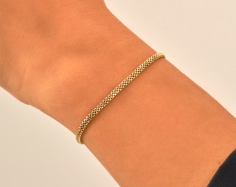 14K Oval Chain Bracelet, Solid Gold Flat Chain Bracelets for Women, Snake Chain Bracelet, Herringbone Bracelet, Minimalist Stacking Bracelet