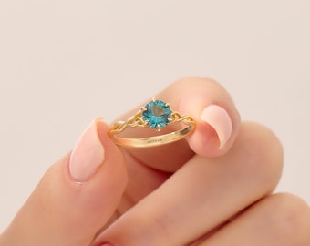 14k London Blue Topas Ring, Massivgold keltischer Knoten Solitärring, ideal für Verlobung oder Versprechen, perfektes Jubiläumsgeschenk, handgefertigt