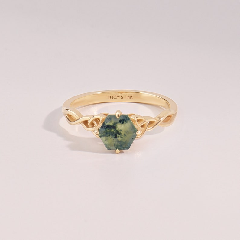 14 Kt Hexagon Moss Agate Celtic Ring, Solid Gold Solitaire Anniversary Ring, Irish Knot Promise Ring, Aquatic Green Crystal Promise Band image 1