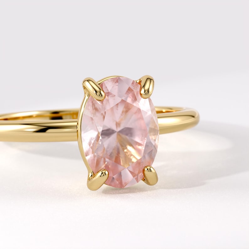 Pink Quartz Ring, Gold Engagement Ring for Women, 14k Solid Gold Solitaire Ring, Oval Pink Gemstone Ring, January Birthstone Proposal Ring image 2