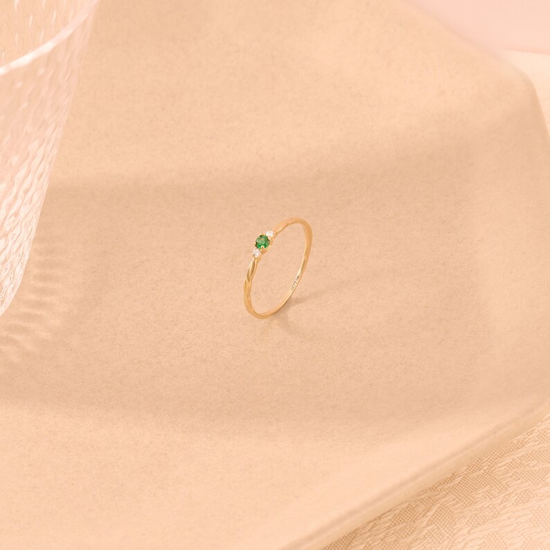 14k Gold Emerald Ring, Solid Gold Minimal Solitaire Ring for Women, Twisted Band Dainty Promise Ring, Tiny Green Stone Ring, Stackable Rings image 8