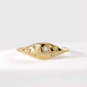 Diamanten zegelring, 14K massief gouden sterring voor de pink voor dames, ring met hemelse sterrenkoepel, luxe minimalistische stapelring