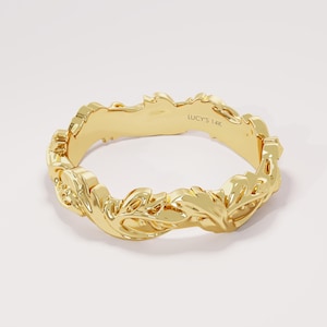 14K Solid Gold Floral Wedding Band Women, Vine Gold Band, Nature Inspired Gold Ring, Botanical Wedding Ring, Leaf Bridal Band Ring for Her