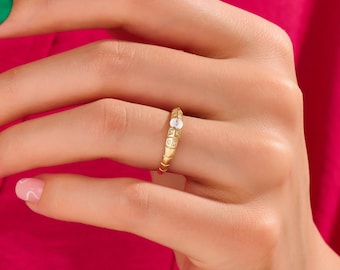 Diamant Solitär-Messerkantenring | 14k Solid Gold Einzigartige Verlobungsring | Unisex Ring für Männer und Frauen Frauen Rund Diamant Versprechen Ring