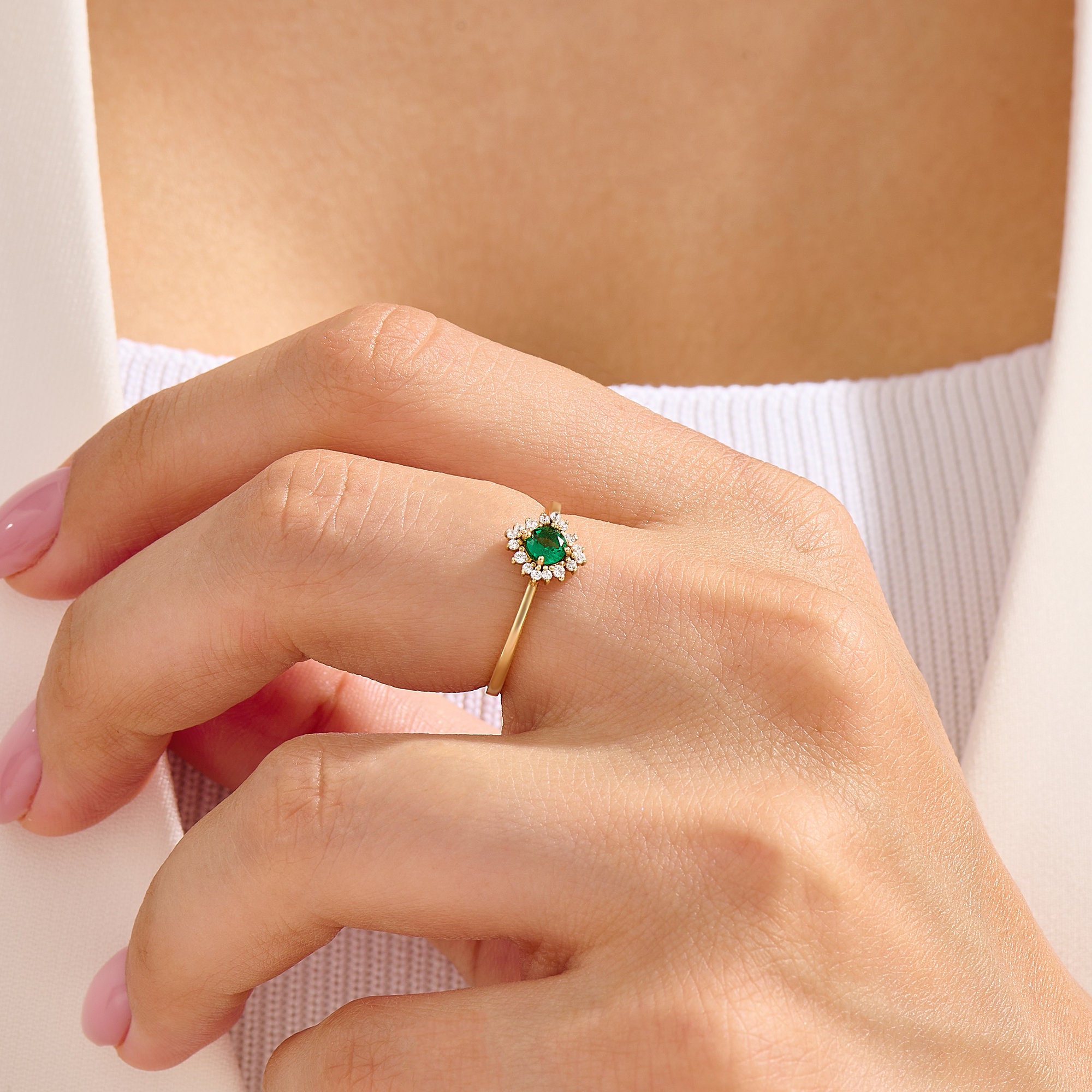 Emerald Diamond Solitaire Ring, Solid Gold Emerald Halo Ring, Dainty Green Flower Ring, Small Promise Ring, Tiny Emerald Ring for Women