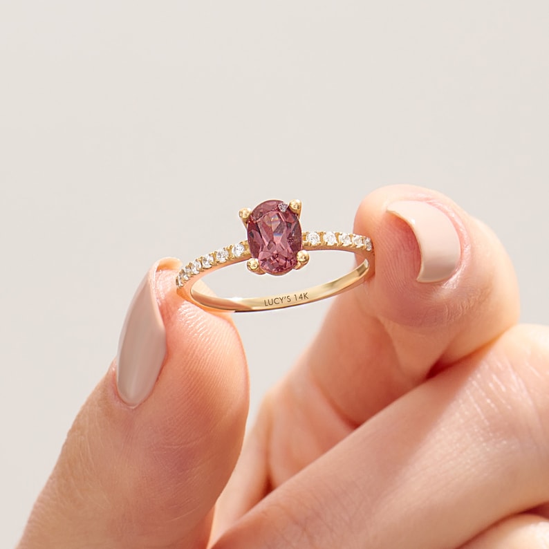 Pink Rhodolite Garnet Oval Solitaire Ring 14k Solid Gold Engagement Ring Women Anniversary Ring with Tiny Diamonds Unique Propose Ring image 2