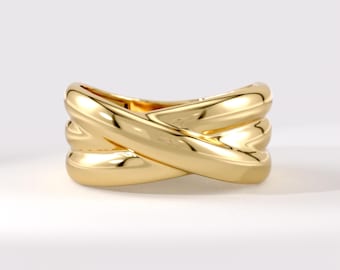 Crossover Ring, 14K Solid Gold Chunky Crossover Ring, Wide Bold Gold Ring for Women, Criss Cross Ring, Intertwined Gold Band