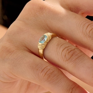 Aquamarine Ring 14k Solid Gold Aquamarine Signet Ring for Women Half Bezel Set Oval Gemstone Ring Dome Pinky Ring Statement Jewelry Gift