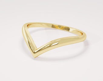 14k Gold Wishbone Ring, Solid Gold Chevron Stacking Ring, Curved Wedding Band,  Womens V Shaped Ring, Stackable Thin Gold Band, Contour Ring