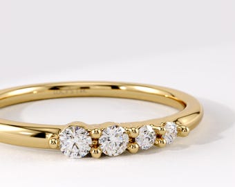 Obrączka ślubna z 4 diamentami, delikatne obrączki ślubne z litego złota 14k/10k/18k, dla kobiet, okrągły pierścionek z rosnącym wzorem, cienka złota obrączka ślubna o grubości 1 mm