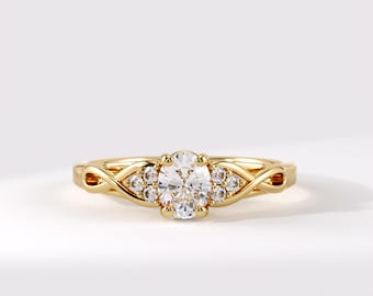 14K Solid Gold Oval Diamond Engagement Ring – Solitaire with Braided Band