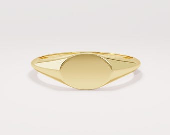 14k Solid Gold Oval Signet Ring Personalized Monogram Ring for Women Engravable Signet Band Minimal Initial Pinky Rings Yellow Rose White
