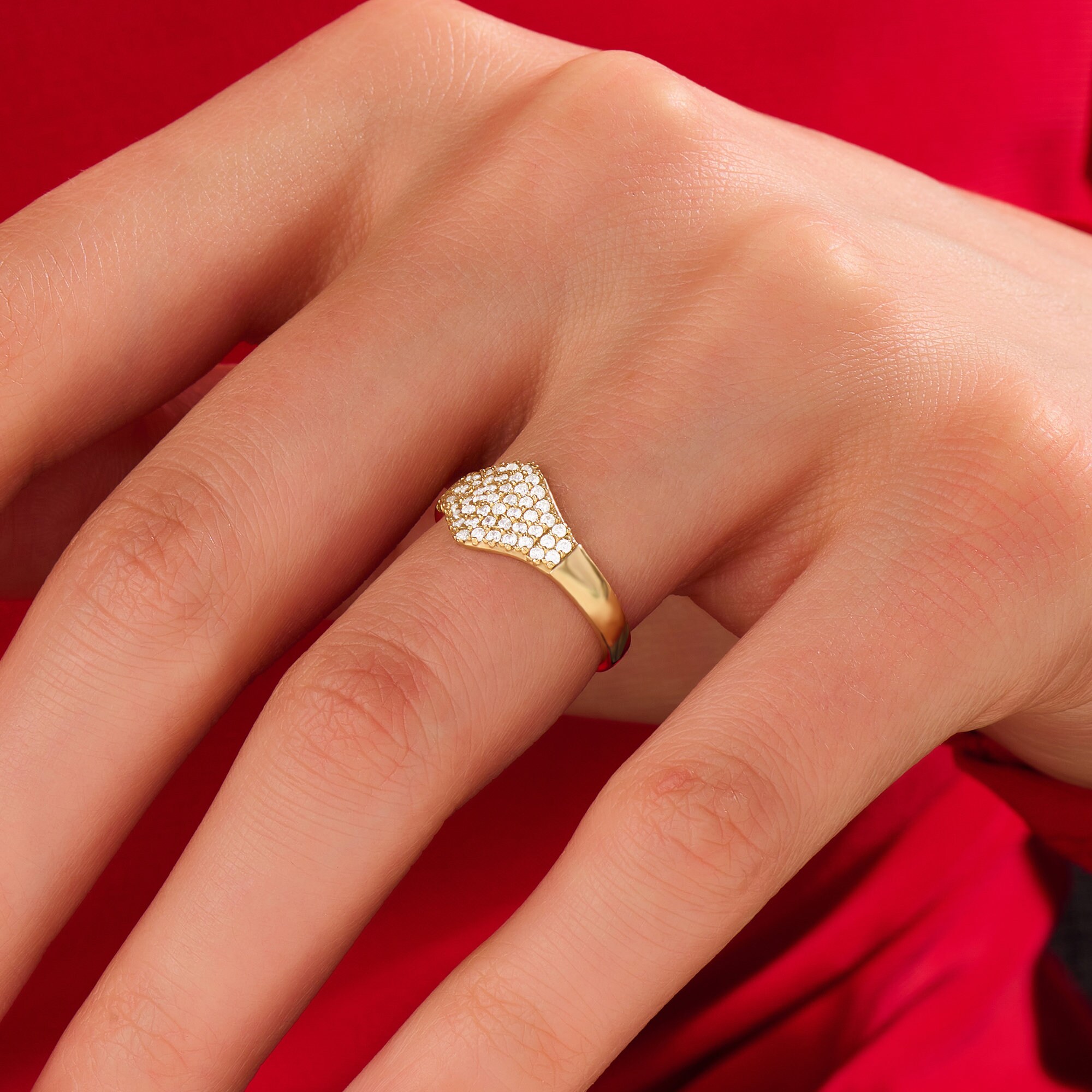 Flat Micro Pave Signet Ring 14k 18k 10k Solid Gold Unique Pinky