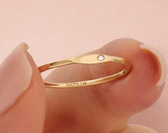 Diamond Minimalist Signet Ring for Women – 10K Solid Gold Slim Pinky Ring with Tiny Real Diamond, Thin Everyday Jewelry Yellow, Rose, White