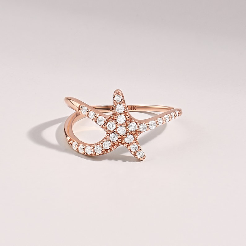 Diamond Starfish Ring Trendy Statement Ring 0.38ct Unique Daily Stacking Ring Women Special Gifts for Her 10k 14k 18k Solid Gold image 4