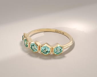 Teal Sapphire Wedding Ring, 14K Solid Gold Bezel Hexagon Band, Half Eternity Blue Green Gemstone Band, Dainty 5 Stone Rings for Women