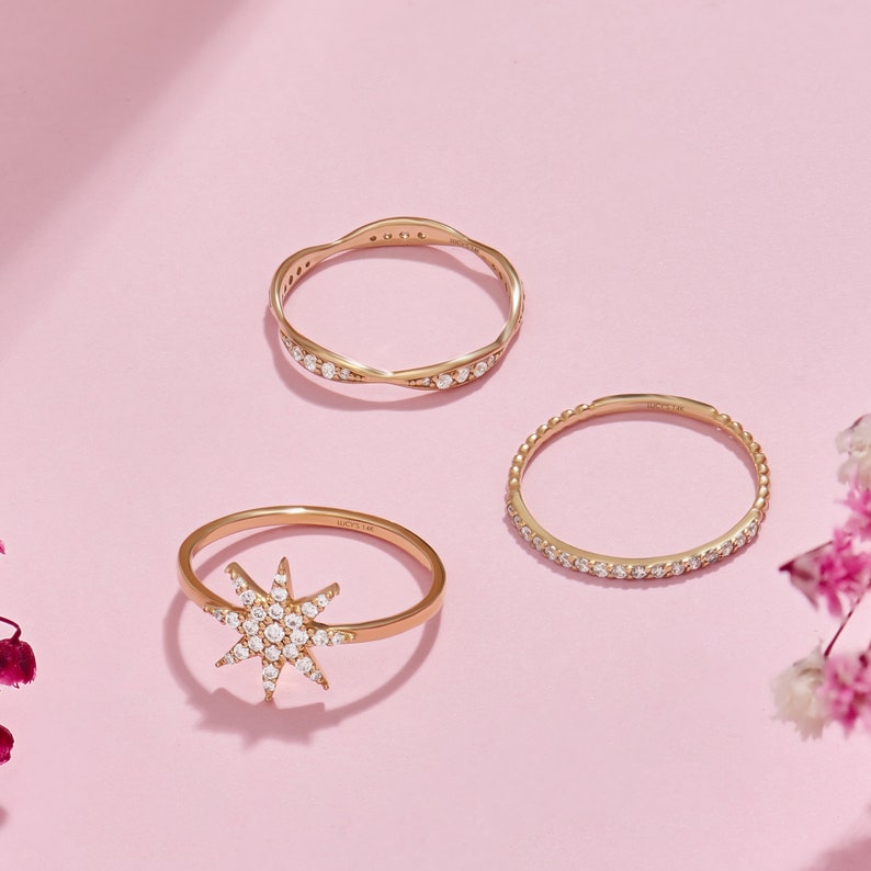 Diamond Thin Ball Stacking Ring, 14K Minimalist Wedding Rings for Women, Tiny Diamond Eternity Ring, Solid Gold Ring Enhancer, Gift for Her image 8