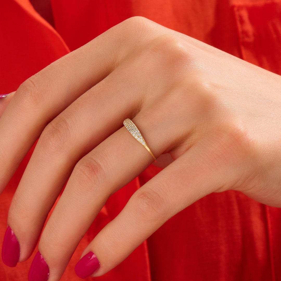 Diamond Minimalist Sparkle Ring, 14k Solid Gold Ring Women, Pave