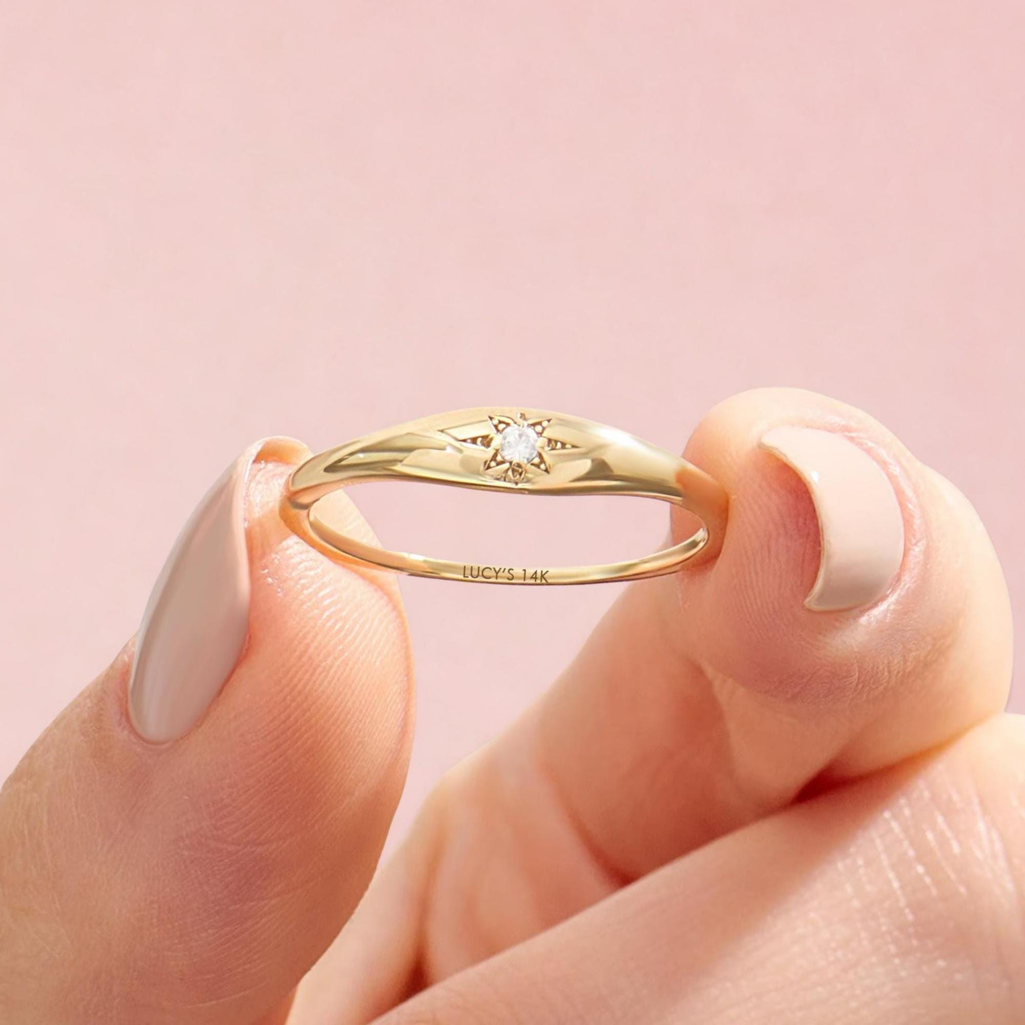 Diamond Starburst Pinky Ring, 14k Solid Gold Small Signet Ring 