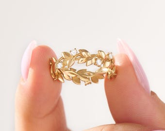 14K Solid Gold Diamond Leaf Ring | Ivy Floral Wedding Band, Botanical Ring for Women