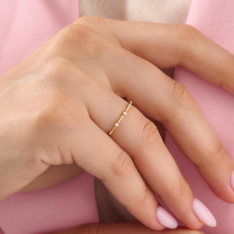 Dainty Diamond Ring, 14K Solid Gold Station Band, Minimalist Diamond Wedding Band, Thin Stackable Ring, Delicate Promise Ring for Her image 6