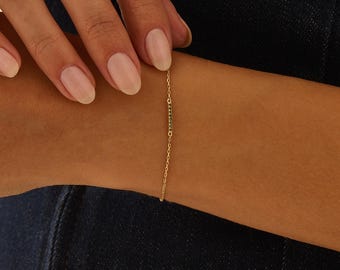 Emerald Bracelet, 14K Solid Gold Emerald Bar Chain Bracelet, Dainty Green Gemstone Bracelet for Women, Minimalist Layering