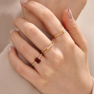 Baguette Garnet Solitaire Ring 14k Solid Gold Red Gemstone Ring Chunky Engagement Ring Women Gold Anniversary Ring with Side Stones image 3