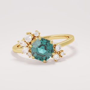 Teal Sapphire Ring, Hexagon Engagement Ring, Solid Gold Cluster Ring, Blue Green Sapphire Ring, Gift for Mom, Wife, Mother, Her