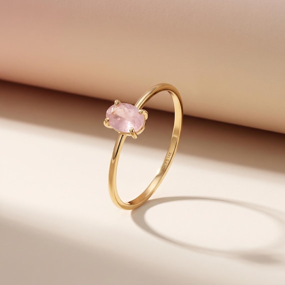 Pink Quartz Ring, Gold Engagement Ring for Women, 14k Solid Gold Solitaire Ring, Oval Pink Gemstone Ring, January Birthstone Proposal Ring