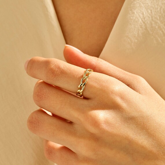 14k Solid Gold Bold Chain Ring Chunky Link Chain Ring Dainty Etsy