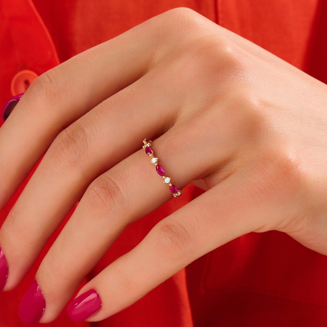 Ruby Marquise Band Ring 14k Solid Gold Pink Wedding Ring Women Ruby Diamond Eternity Ring Dainty