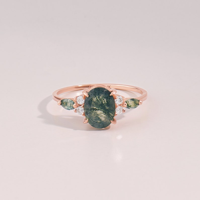 14k Accented Moss Agate Engagement Ring, Solid Gold Vintage Oval Anniversary Ring, Aquatic Green Proposal Ring, Mothers Solitaire Gift Ring image 7