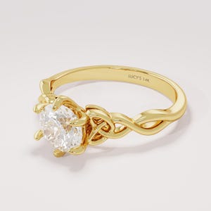 Moissanite Celtic Knot Engagement Ring 14k Solid Gold Round Moissanite Solitaire Ring 1.2 Carat Irish Jewelry Ring Gift for Wife Anniversary