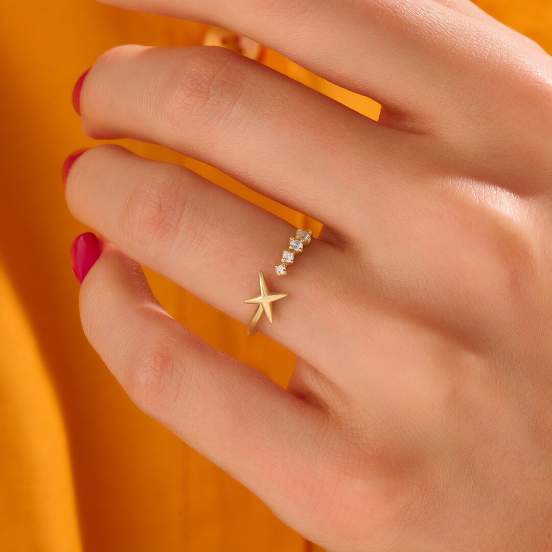Diamond Star Ring Solid Gold Open Band Ring for Women 14k Gold Wrap