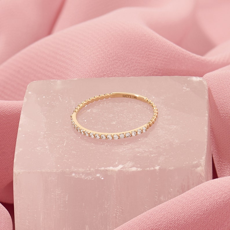 Diamond Thin Ball Stacking Ring, 14K Minimalist Wedding Rings for Women, Tiny Diamond Eternity Ring, Solid Gold Ring Enhancer, Gift for Her image 6