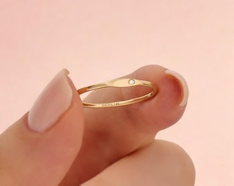 14k Solid Gold Tiny Diamond Signet Ring, Micro Flush Set Pinky Band, Minimalist Slim Statement Ring, Unique Fine Jewelry Gift