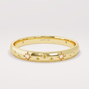 Diamond Minimal Star Pave Band, 14k Gold Celestial Wedding Band, Womens Solid Gold Starbust Eternity Band, Minimalist Comfort Fit Flat Band