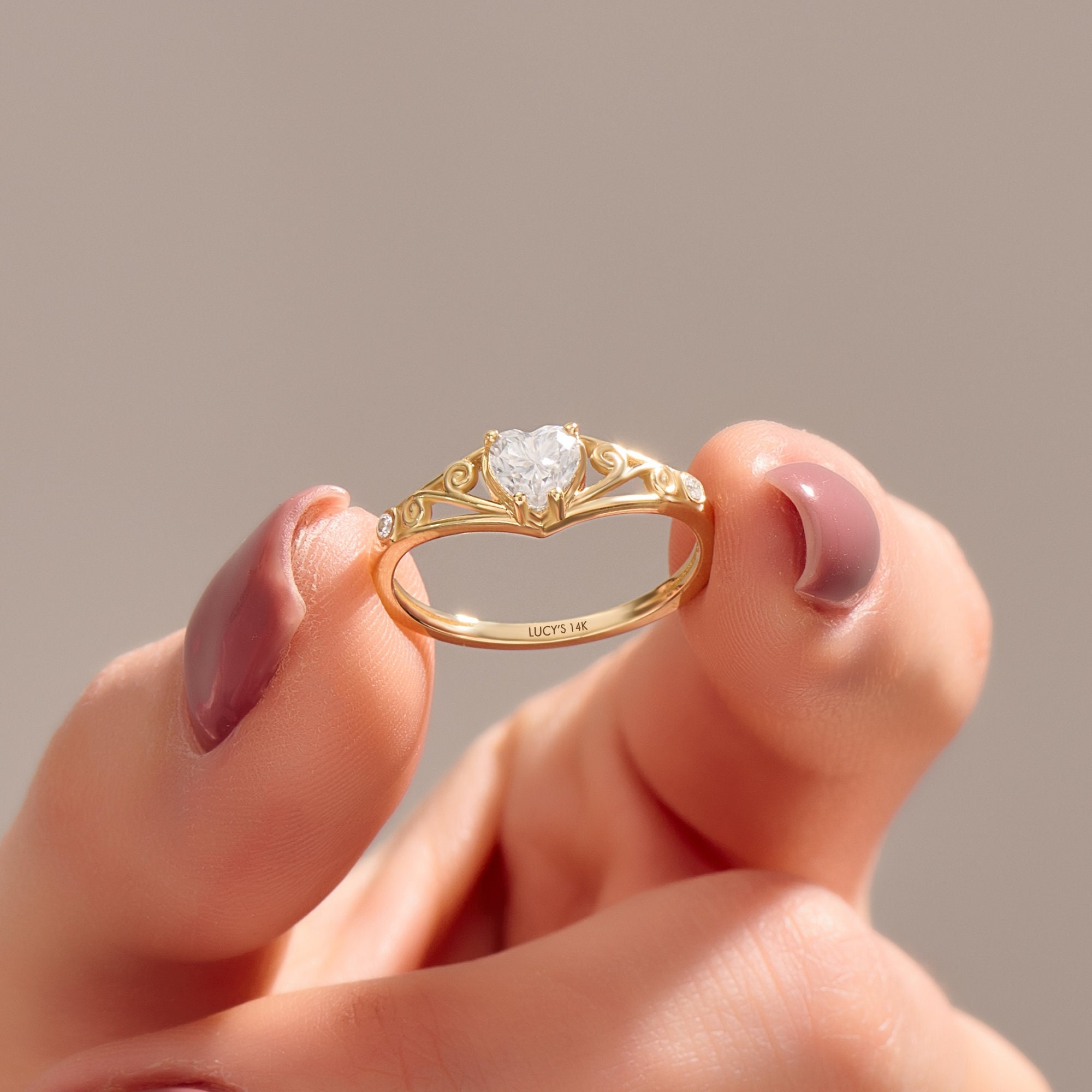 Heart Moissanite Promise Ring, 14K Vintage Style Engagement Ring, Solid Gold Filigree Celtic Ring Women, Dainty Antique Love Knot Ring