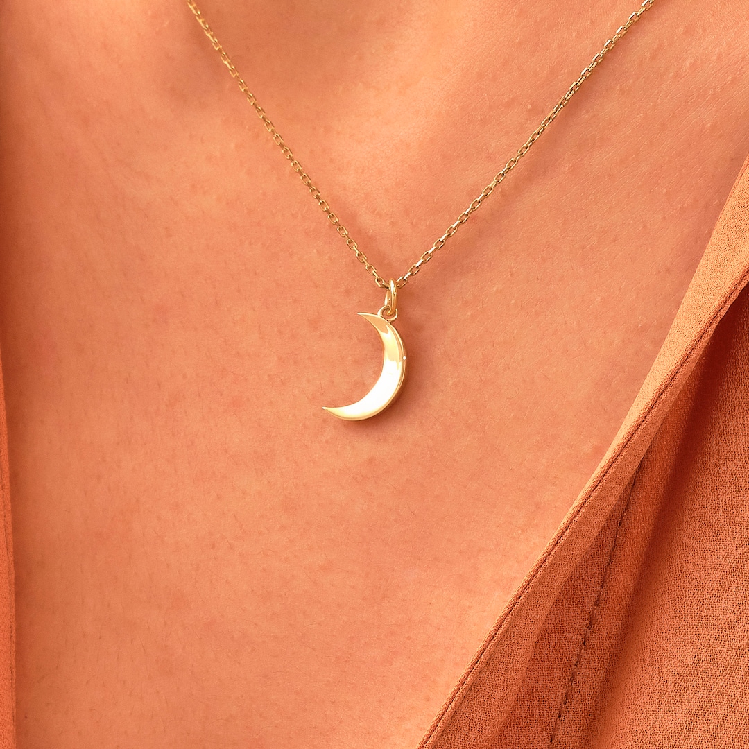 Cresent Moon Pendant Necklace 14k Solid Gold Small Celestial Etsy