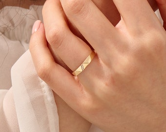 Diamond Geometric Wedding Band | 14k Solid Gold Diagonal Pave Ring | Minimal Couples Matching Ring Unisex | Triangle Faceted Modern Ring