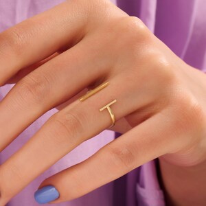 Plain Cuff Ring | 14k Solid Gold Open T Bar Ring | Adjustable Double Bar Ring | Simple Asymmetrical Ring Women | Dainty Parallel T Bar Ring