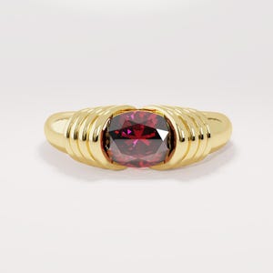 14k Oval Garnet Ring, Solid Gold Chunky Dome Ring with Dark Red Gemstone, Unique Pinky Signet Rings for Women, January Birthstone Band Ring
