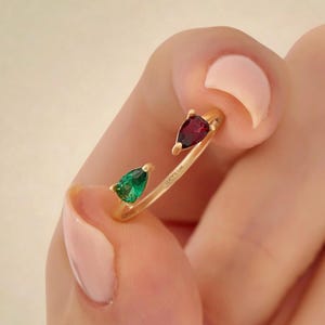 Open Pear Garnet Emerald Ring | 14k Solid Gold Stacking Ring Enhancer | Red & Green Gemstone Gap Ring | Womens Front Cuff Statement Ring