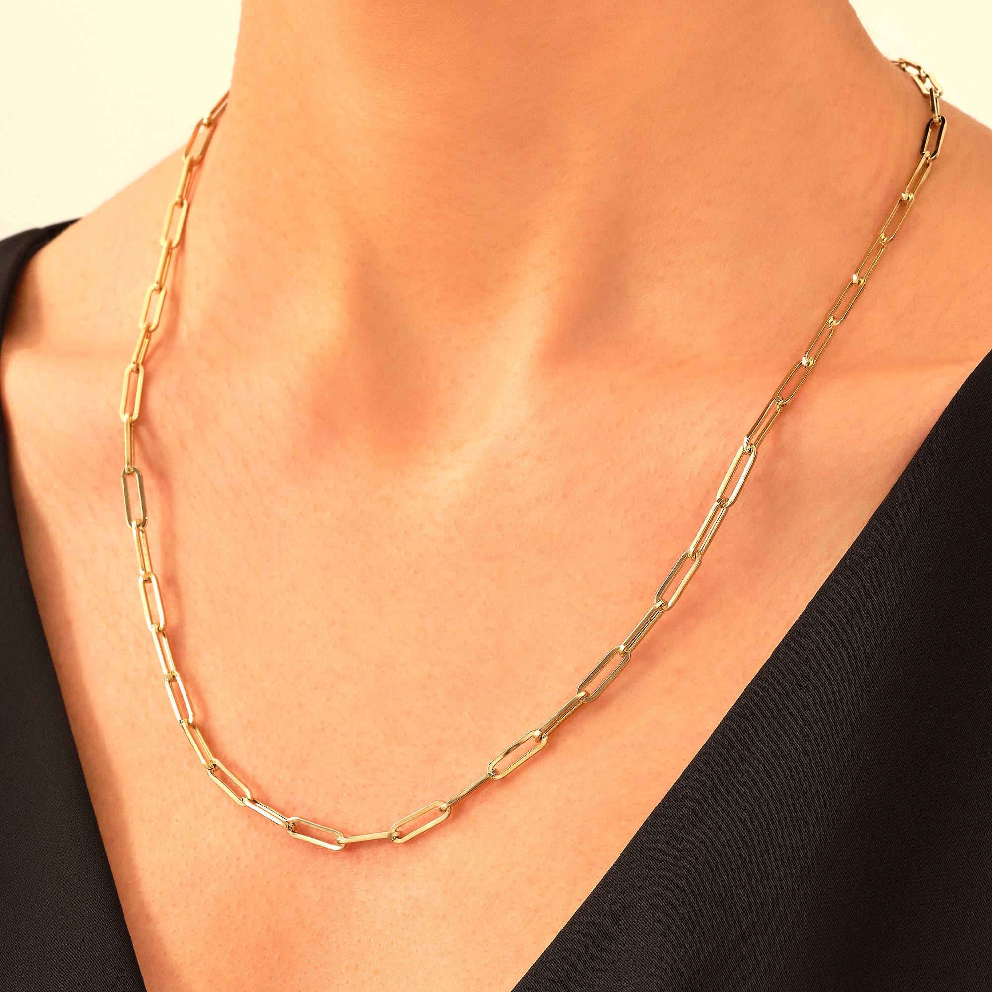 Paper Clip Chain Necklace 14k Solid Gold Unisex Open Link Chain