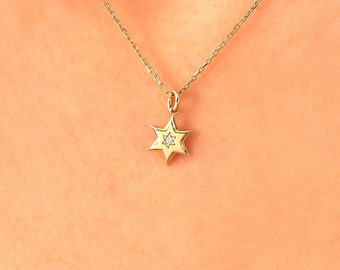 Diamond Minimal Star of David Pendant, 14k Solid Gold Magen David Pendant Women, Tiny 6 Pointed Star Charm, Small Religious Charm Necklace