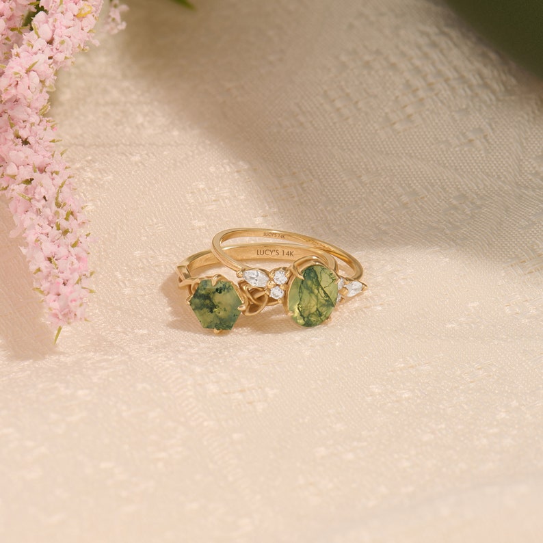14 Kt Hexagon Moosachat Ring, Solid Gold Solitaire Jubiläumsring, Irischer Knoten Versprechensring, Aquatic Green Kristall Versprechensband Bild 4