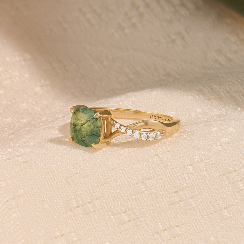 14k Cushion Moss Agate Engagement Ring, Solid Gold Twined Solitaire Ring, Womens Ring with Accents, Aquatic Green Agate Anniversary Ring image 4